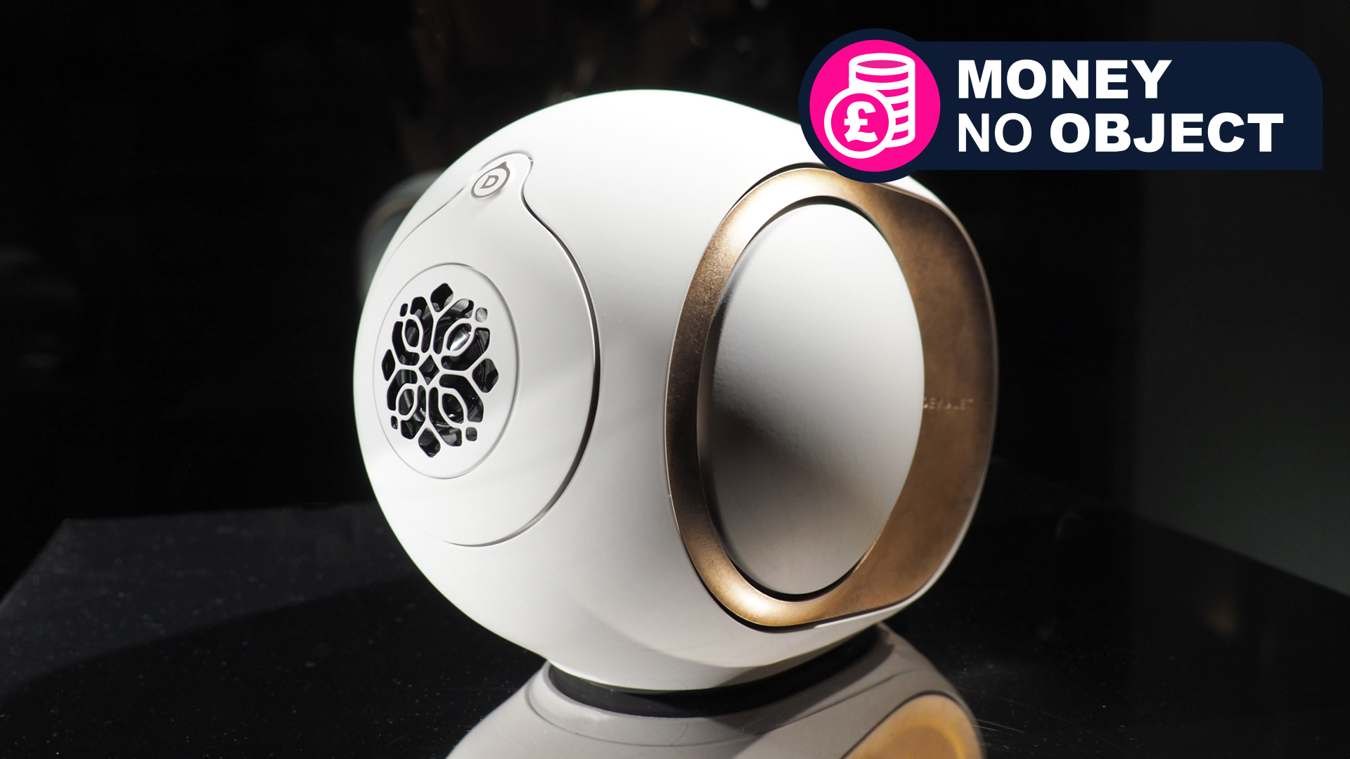 Devialet Phantom Ultimate Opera de Paris speaker in white against a black background, with a logo saying Money No Object