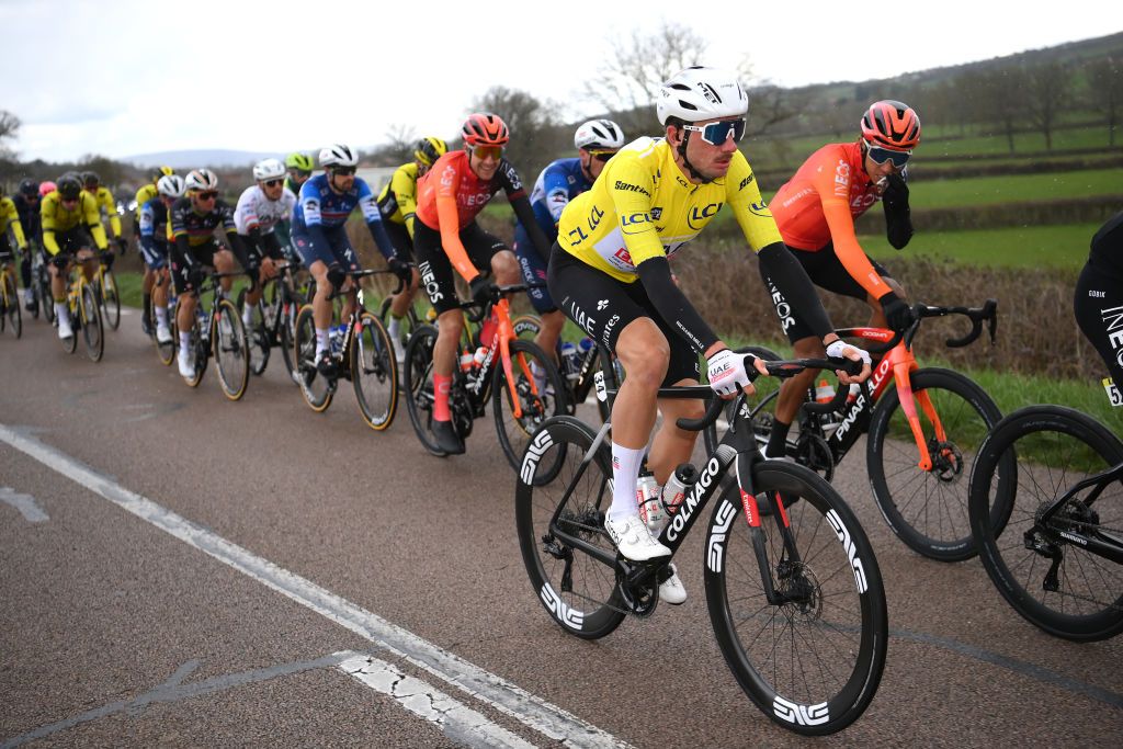 MONT BROUILLY FRANCE MARCH 06 Brandon Mcnulty of The United States and UAE Team Emirates Yellow Leader Jersey competes during the 82nd Paris Nice 2024 Stage 4 a 183km stage from ChalonsurSane to Mont Brouilly 476m UCIWT on March 06 2024 in Mont Brouilly France Photo by Alex BroadwayGetty Images