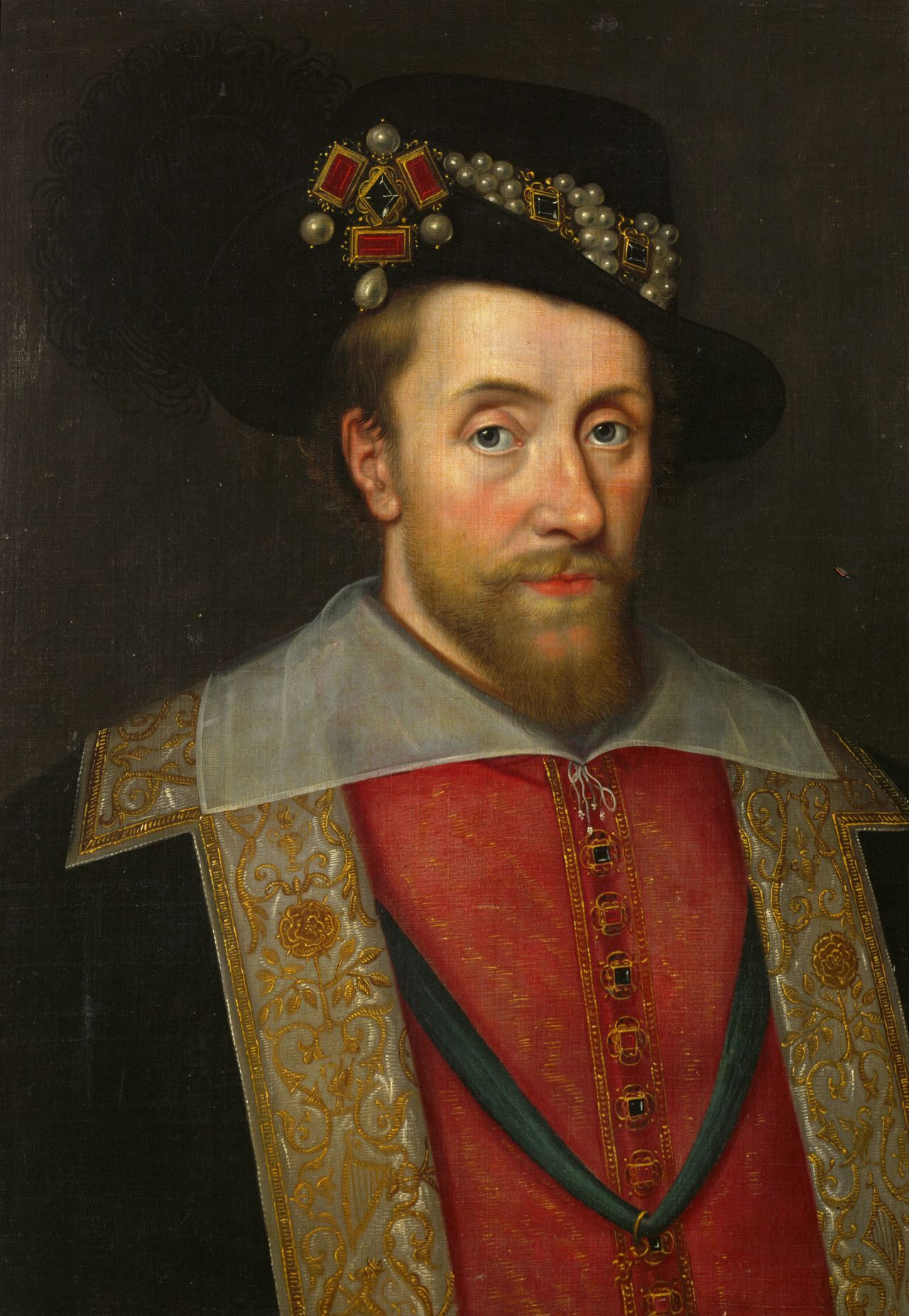 Portrait of James I, painted from the middle body up. He is wearing a red waistcoat, green velvet overcoat or cape with a gold brocade trim, gauzy collar and a black hat encrusted with jewels