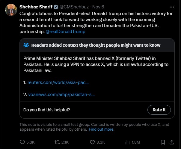 Screenshot of a tweet shared by Pakistan's Prime Minister Shehbaz Sharif congratulated US President-elected Donald Trump on November 6, 2024.