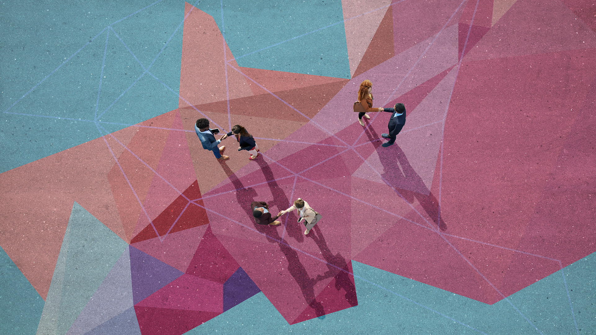 An illustration of businesspeople shaking hands, pictured from the top-down, against a pastel-colored landscape of geometric forms.