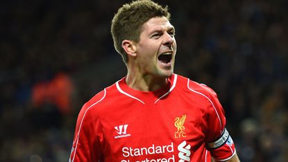  Steven Gerrard of Liverpool celebrates after scoring during the match between Leicester City and Liverpool 