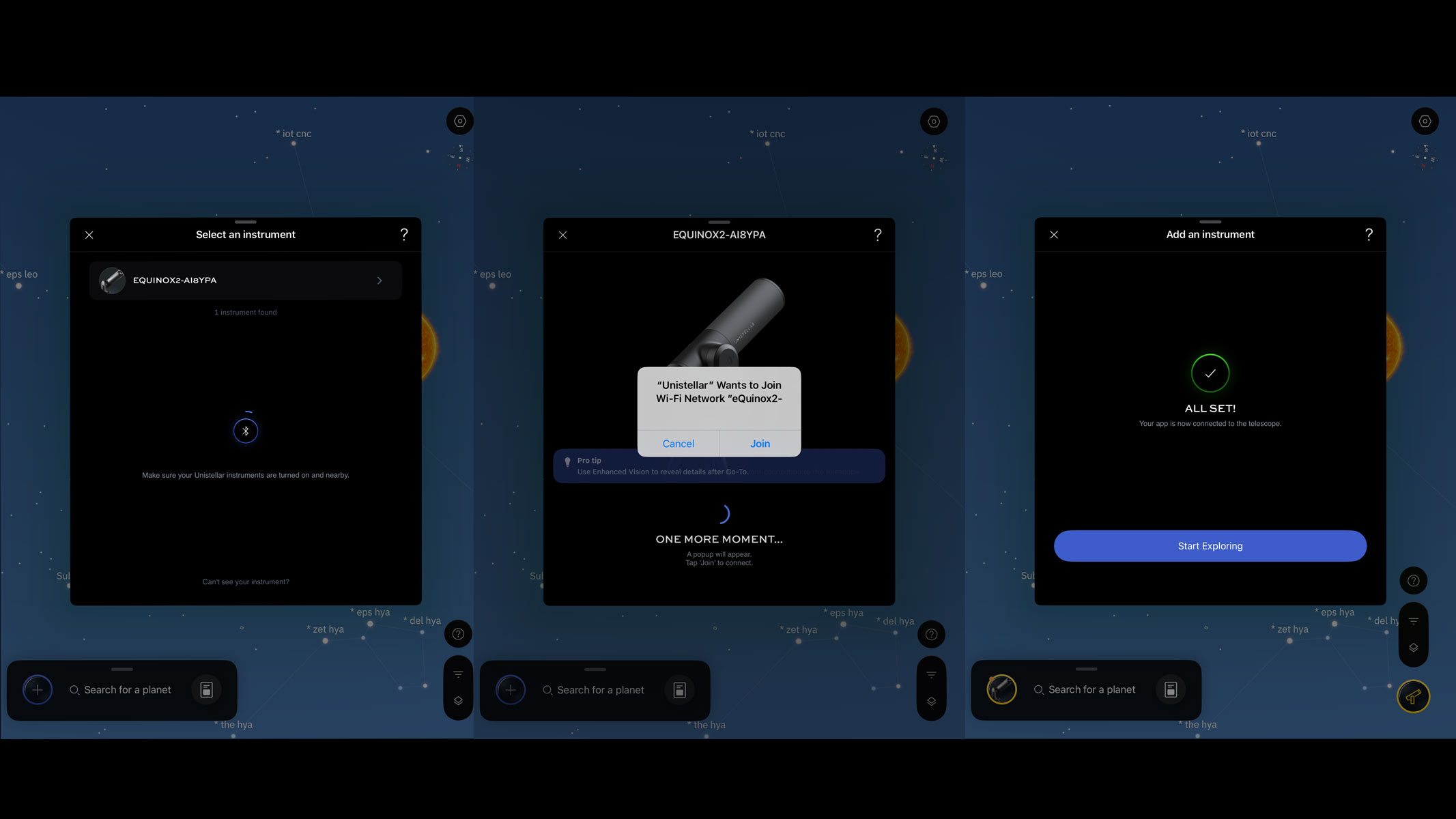 Screenshots of the Unistellar app showing how to connect your smart telescope.