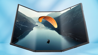 Galaxy Z TriFold against blue background.