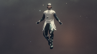 The player character floating in space in Starfield.