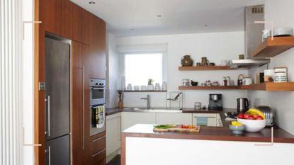 white kitchen with wooden cabinets and open wall shelves to suggest small kitchen storage ideas