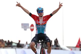 Lennert van Eetvelt (Lotto Dstny) celebrates victory at the UAE Tour