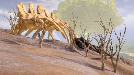 A giant ribcage fossil sits between hardwood trees in Palworld.