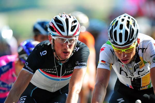Fr&auml;nk Schleck (Leopard Trek) and Tony Martin (HTC-Highroad) at the finish of stage nine.