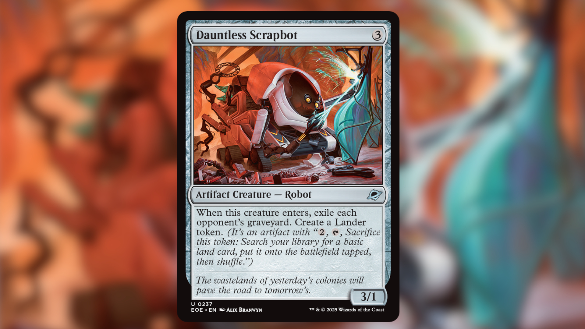 MTG Dauntless Scrapbot card against a colorful, blurred background