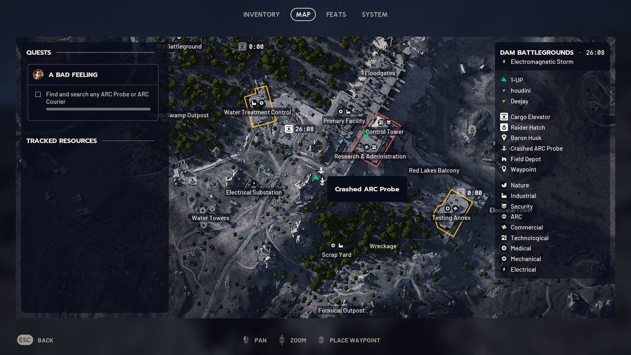 Arc Raiders ARC Probes and Couriers: A map with a marker for a crashed ARC Probe on the Dam Battlegrounds map.