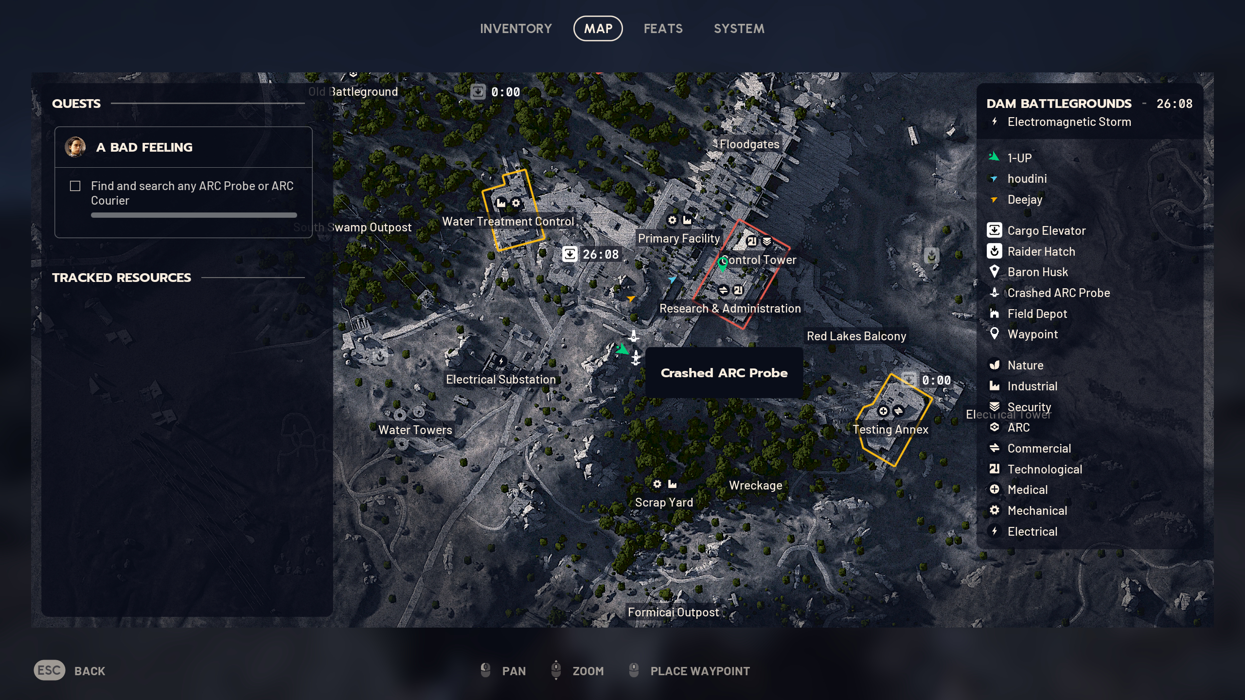 Arc Raiders ARC Probes and Couriers: A map with a marker for a crashed ARC Probe on the Dam Battlegrounds map.