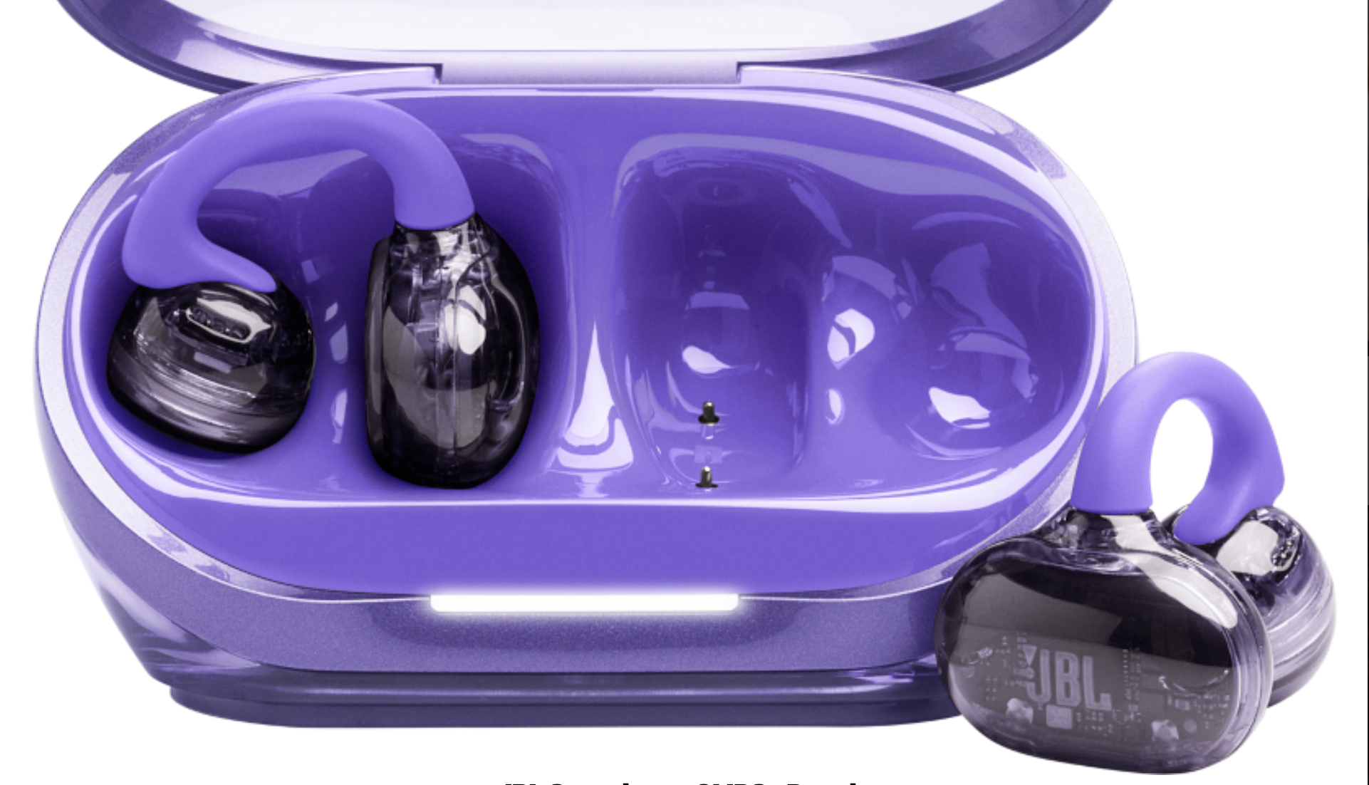 JBL Soundgear Clips in purple, with case, on a white background