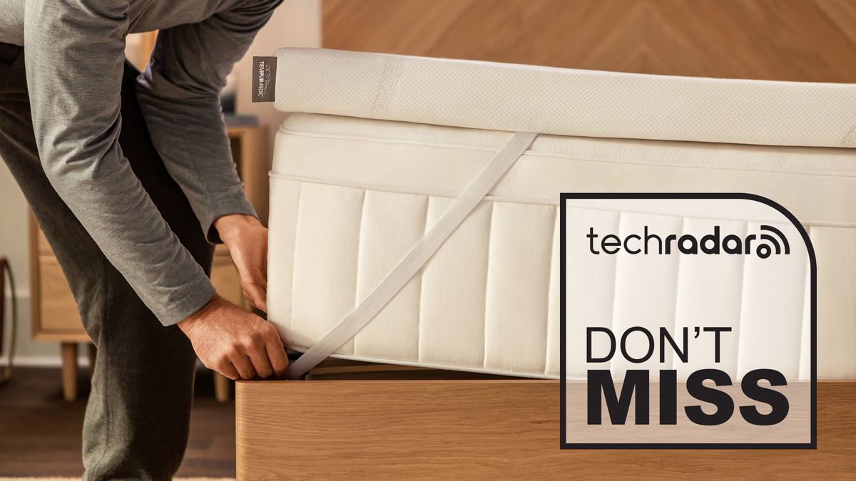 A pair of hands securing the Tempur-Pedic Tempur-Adapt mattress topper to a mattress, and a TechRadar deals graphic