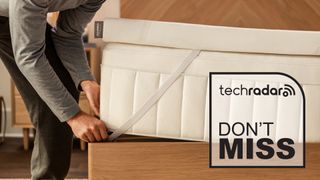 A pair of hands securing the Tempur-Pedic Tempur-Adapt mattress topper to a mattress, and a TechRadar deals graphic