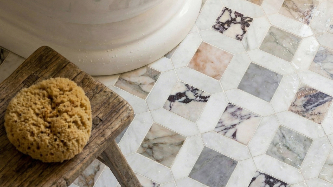 mosaic marble floor tiles in a bathroom