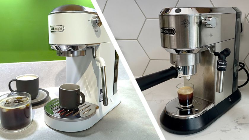 Split image of De&#039;Longhi Dedica Duo and De&#039;Longhi Dedica Style coffee machines