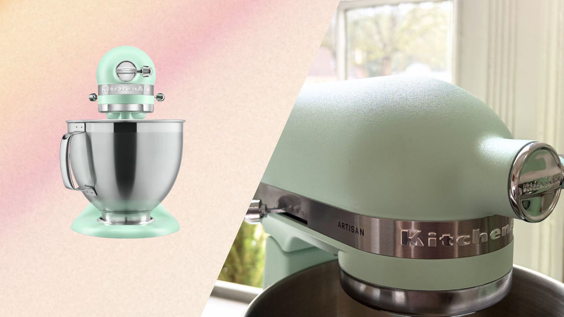 The KitchenAid Colour of the Year Stand Mixer, an Artisan in Spearmint on a gradient background with an image of the KitchenAid Colour of the Year Stand Mixer tilt head top