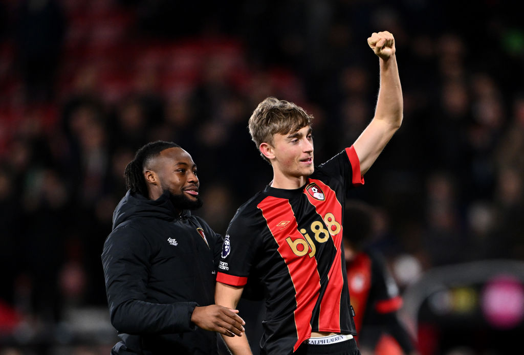 Dean Huijsen of AFC Bournemouth celebrates at the end of the Premier League match between AFC Bournemouth and Tottenham Hotspur FC at Vitality Stadium on December 05, 2024 in Bournemouth, England.