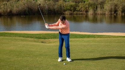 PGA pro Dan Grieve hitting a pitch shot at Lumine Golf Resort 