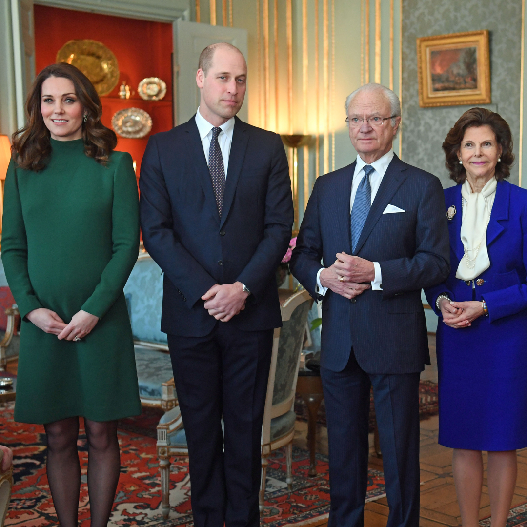 Kate Middleton wears a green dress and poses with husband Prince William and members of the Swedish Royal Family