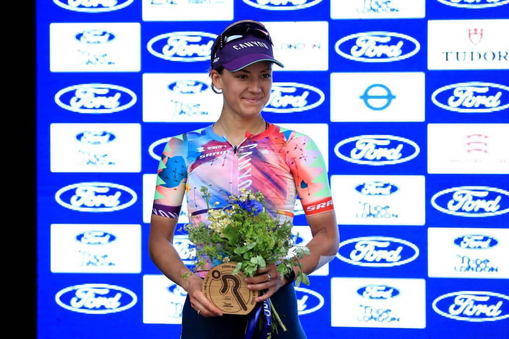 LONDON ENGLAND MAY 28 Chloe Dygert of The United States and Team CanyonSRAM Racing on second place poses on the podium ceremony after the 6th RideLondon Classique 2023 Stage 3 a 912km stage from London to London UCIWWT on May 28 2023 in London England Photo by Stephen PondGetty Images