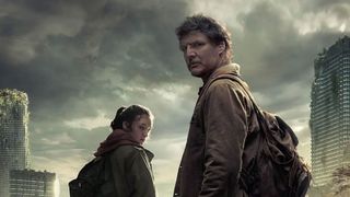 Bella Ramsey's Ellie and Pedro Pascal's Joel look at the camera in The Last of Us TV show