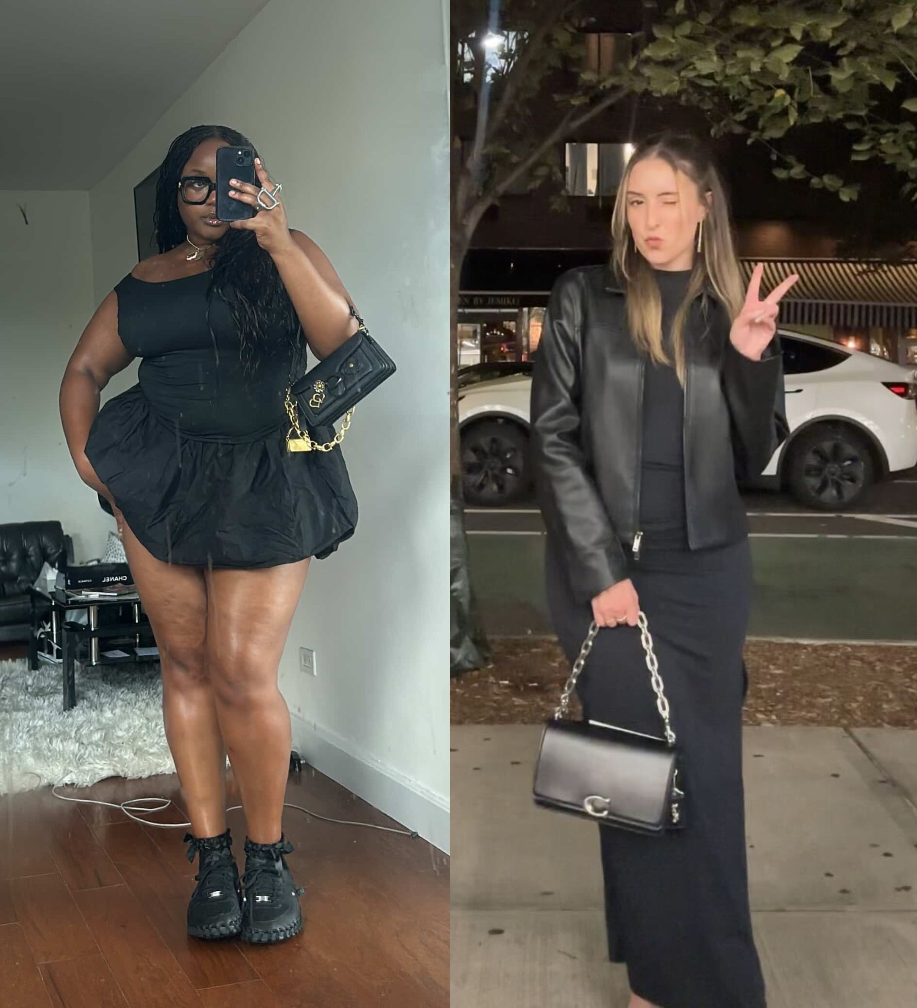 Ashlyn Delaney carrying Coach tabby bag in black and wearing a black mini dress and Christina D'Ambrosio in a black dress, leather jacket, and a black Coach Tabby bag