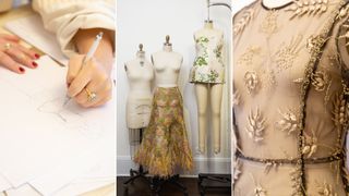 A collage of One Of's behind the scenes design process, including sketches, dress forms with in progress pieces on them, and a close up of a garment