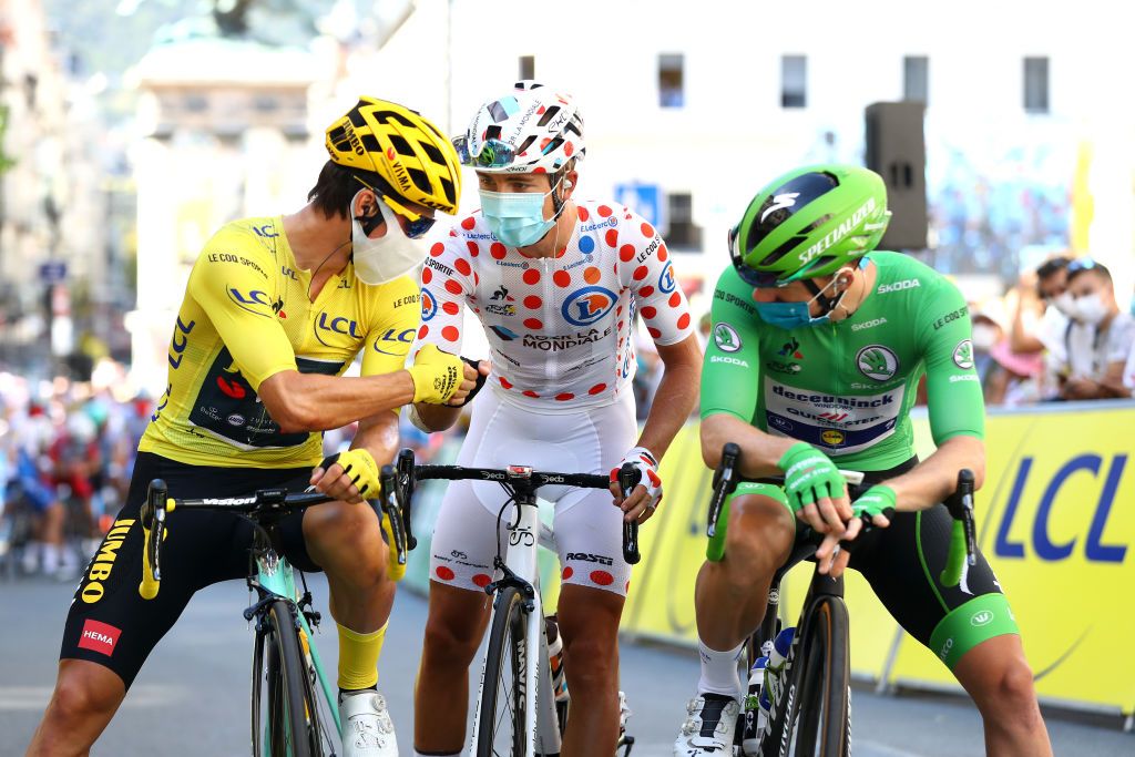 Yellow jersey Primoz Roglic, polka dot jersey Benoit Cosnefroy, green jersey Sam Bennett