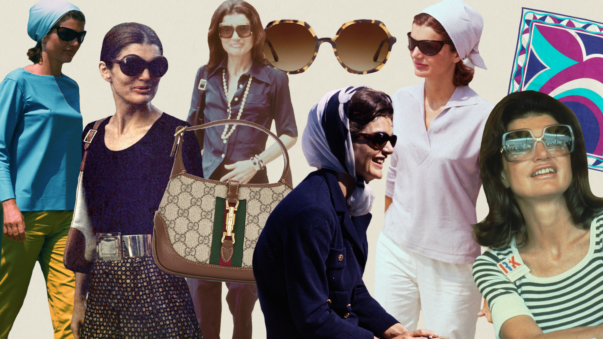 Jackie Kennedy Onassis in different late &#039;60s
 and &#039;70s-era summer staples.