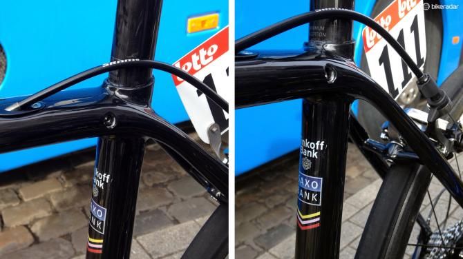 One of the key distinguising features on the new Specialized S-Works Tarmac SL5 is the hidden seatpost binder. The seat stays also have a bit more of a curved shape up top as opposed to the current SL4's straighter path