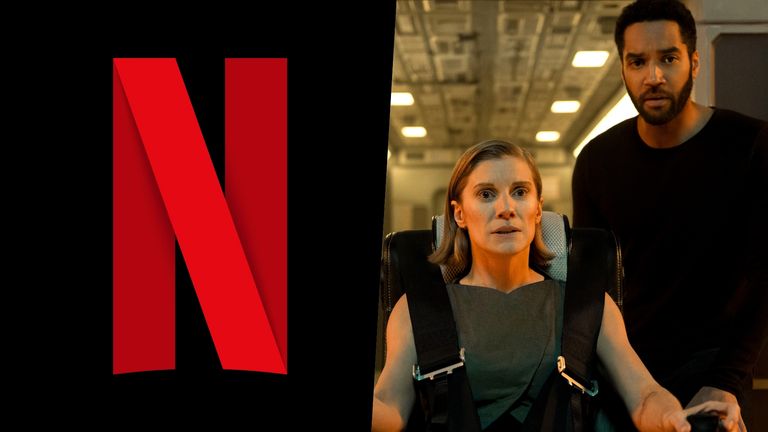 Netflix logo and Katee Sackhoff and Samuel Anderson in Another Life