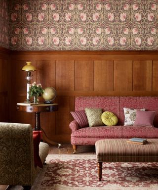 Studio McGee wallpaper exact match in a living room, traditional decor with William Morris wallpaper