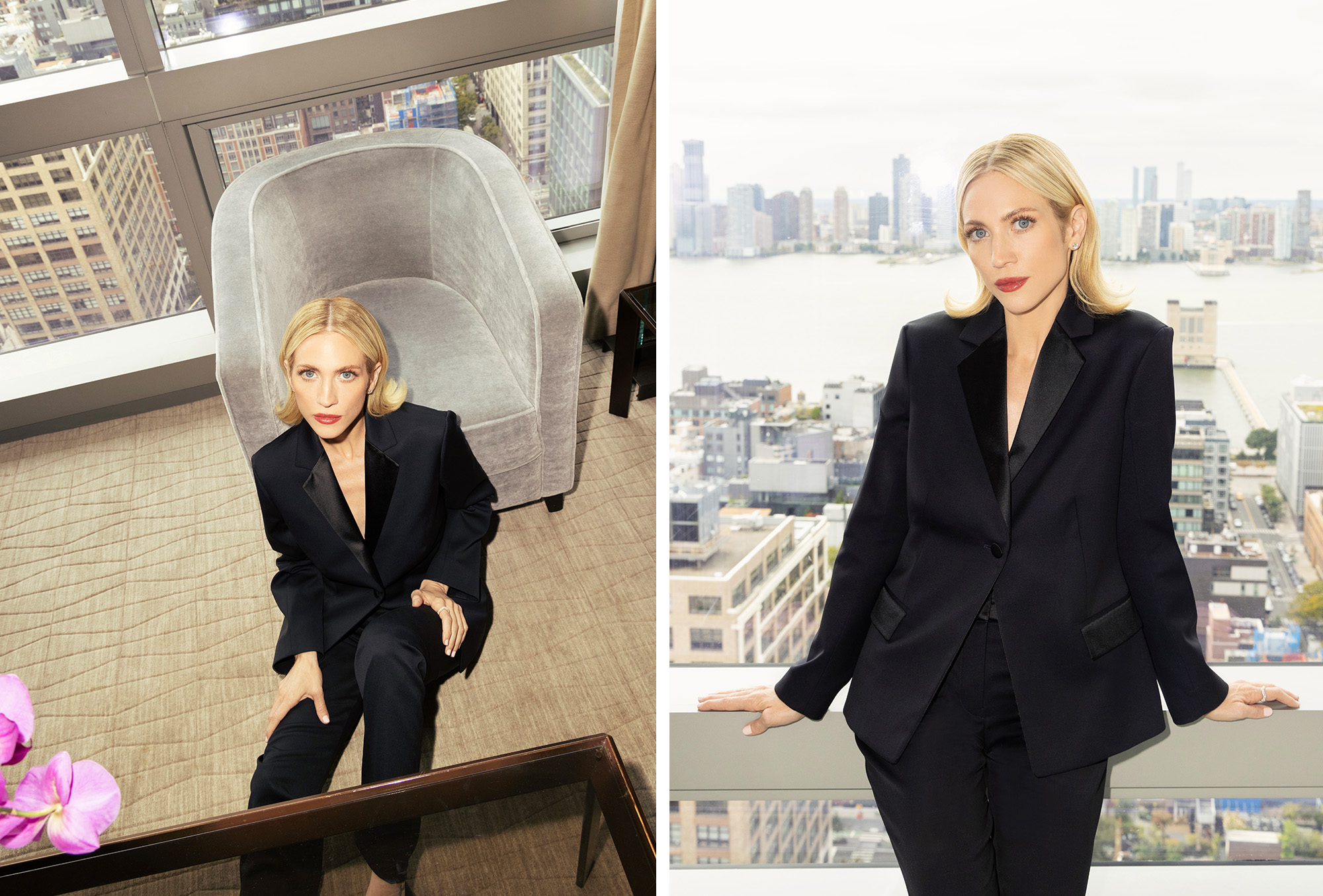 Brittany Snow poses forBest Knockoff Luxury Clothing
&#039;s Portrait Sessions series in an archive black Jil Sander suit with Fiametta jewelry.