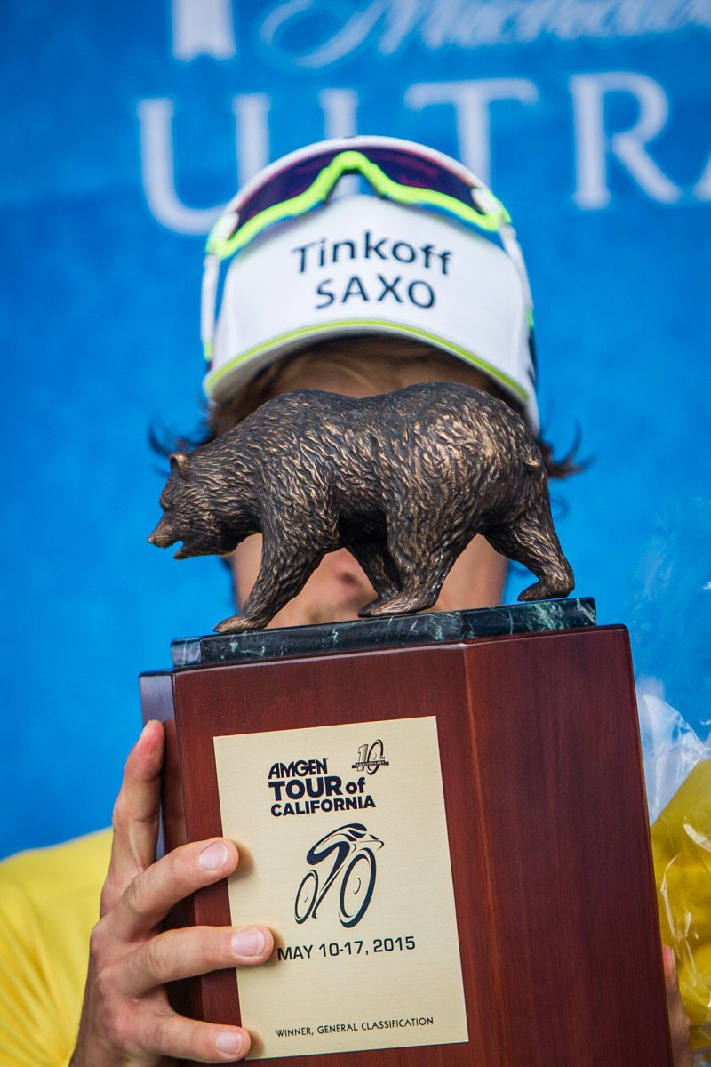 Peter Sagan (Tinkoff-Saxo) shows off his trophy for the overall win