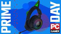 The black version of the Razer Kraken Kitty V3 Pro Wireless RGB Gaming Headset floats in the funky PCG Prime Day deal void.