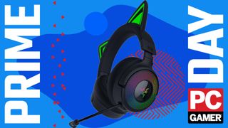 The black version of the Razer Kraken Kitty V3 Pro Wireless RGB Gaming Headset floats in the funky PCG Prime Day deal void.