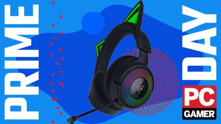 The black version of the Razer Kraken Kitty V3 Pro Wireless RGB Gaming Headset floats in the funky PCG Prime Day deal void.
