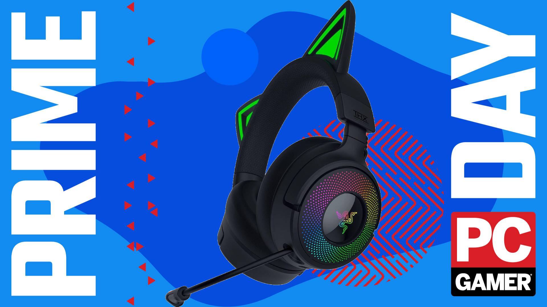 The black version of the Razer Kraken Kitty V3 Pro Wireless RGB Gaming Headset floats in the funky PCG Prime Day deal void.