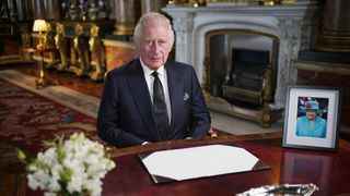 King Charles III delivers his address to the nation and the Commonwealth from Buckingham Palace following the death of Queen Elizabeth II on Thursday 8th September in Balmoral, on September 9, 2022 in London, England.
