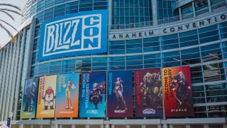 A banner which reads "BlizzCon" on the exterior of the Anaheim Convention Center.