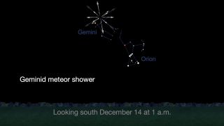 Geminid meteors will appear to radiate from a point near the bright star Castor in the constellation Gemini.