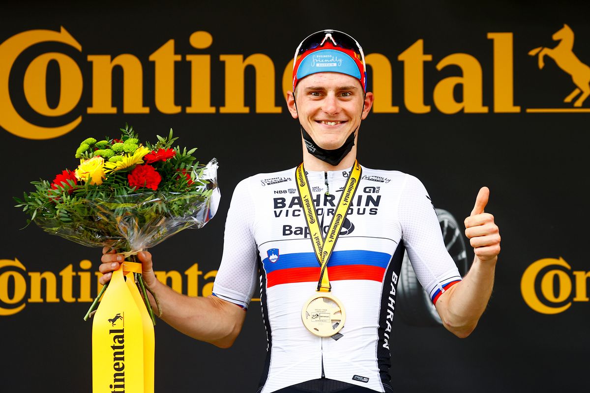 Matej Mohoric on the podium after winning stage 7 of the 2021 Tour de France