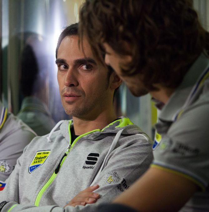 Albert Contador and Peter Sagan during the press conference at the Thalassotherapia Opatija clinic