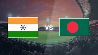 A cricket pitch with the India and Bangladesh logos on top, for the India vs Bangladesh live stream of the T20 World Cup