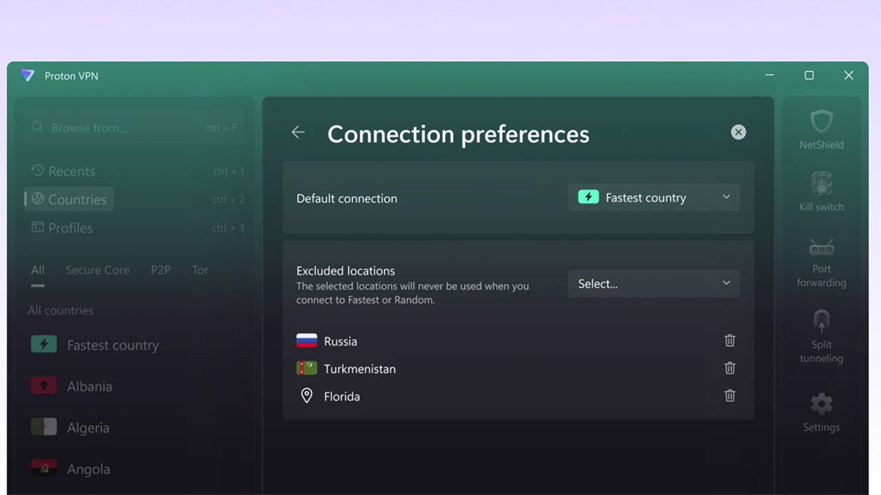 تصویر پروتون VPN که تنظیمات تنظیمات برگزیده اتصال درون برنامه را نشان می دهد