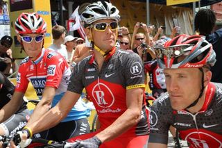 Andy Schleck, Lance Armstrong, and Levi Leipheimer (L-R) at the call-up in Nevada City.