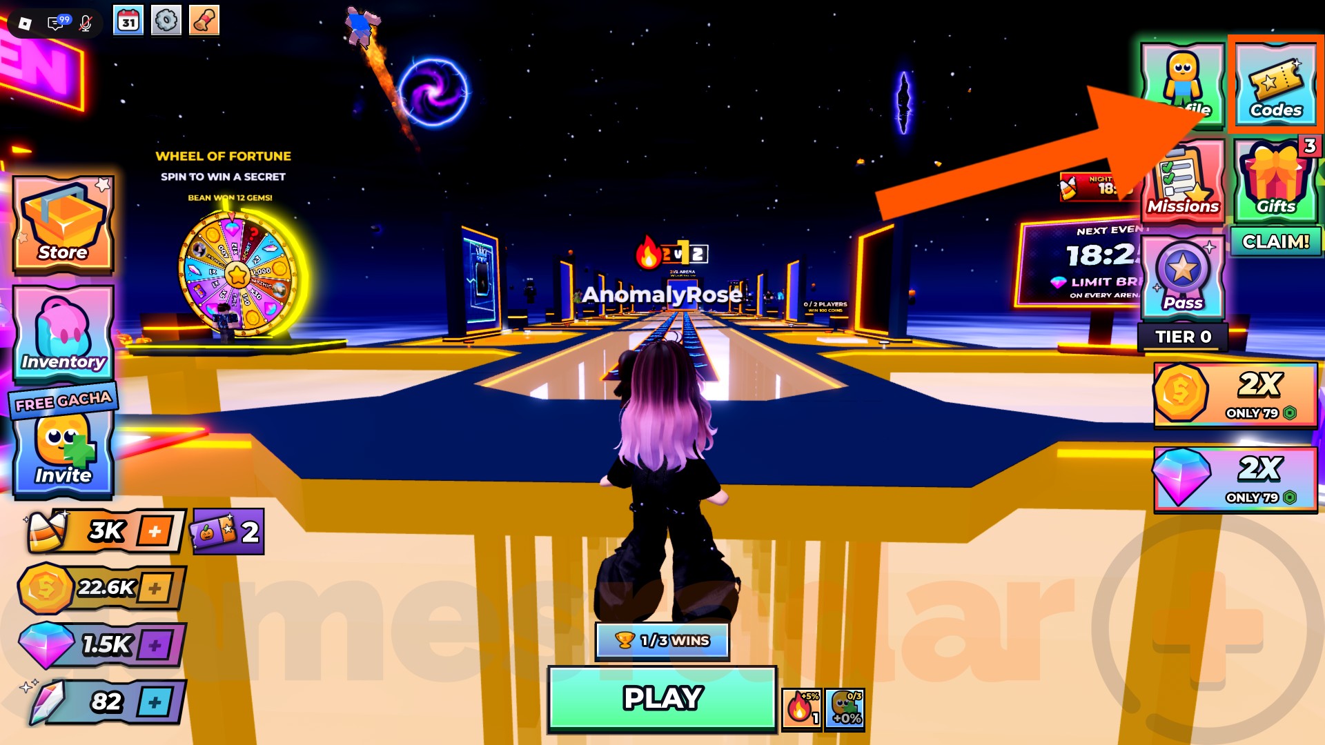 An orange arrow points to the Codes menu in Anime Ball Duels