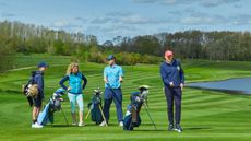 a golfer taking a long time on a pre-shot routine while three other golfers look on in annoyance